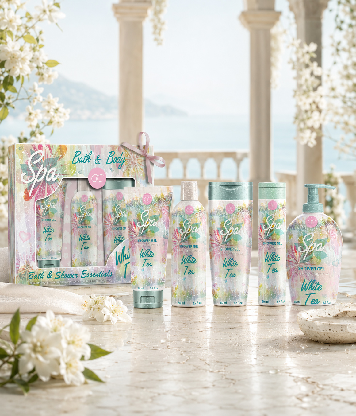 ACCENTRA® White Tea Spa collection with five coordinated bath products and a botanical gift box in a bright Mediterranean setting.