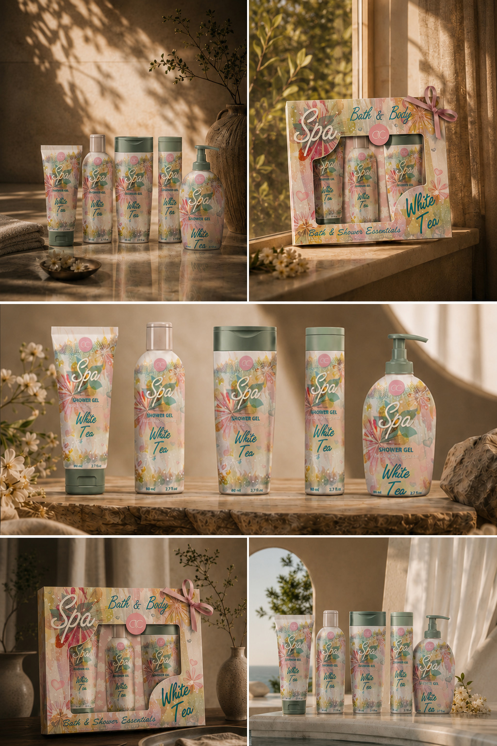 ACCENTRA White Tea Spa bath collection showing coordinated front-of-pack designs, shower products, and a seasonal gift box.