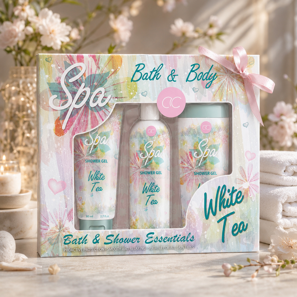 ACCENTRA White Tea Spa gift box with three visible bath and body products displayed among blossoms, towels, candles, and spa accessories.
