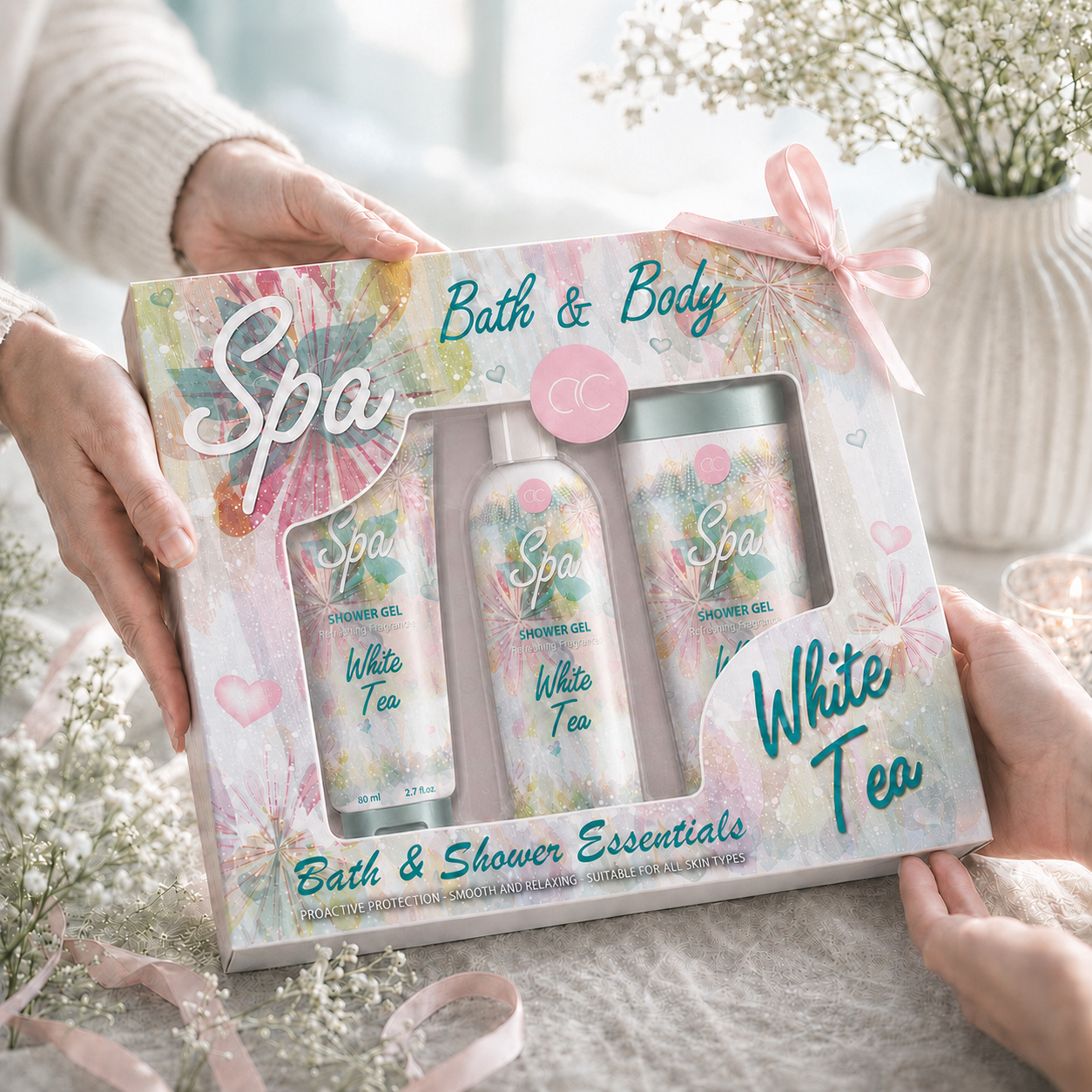 Hands presenting and receiving an ACCENTRA White Tea Spa bath and body gift set with three visible products.