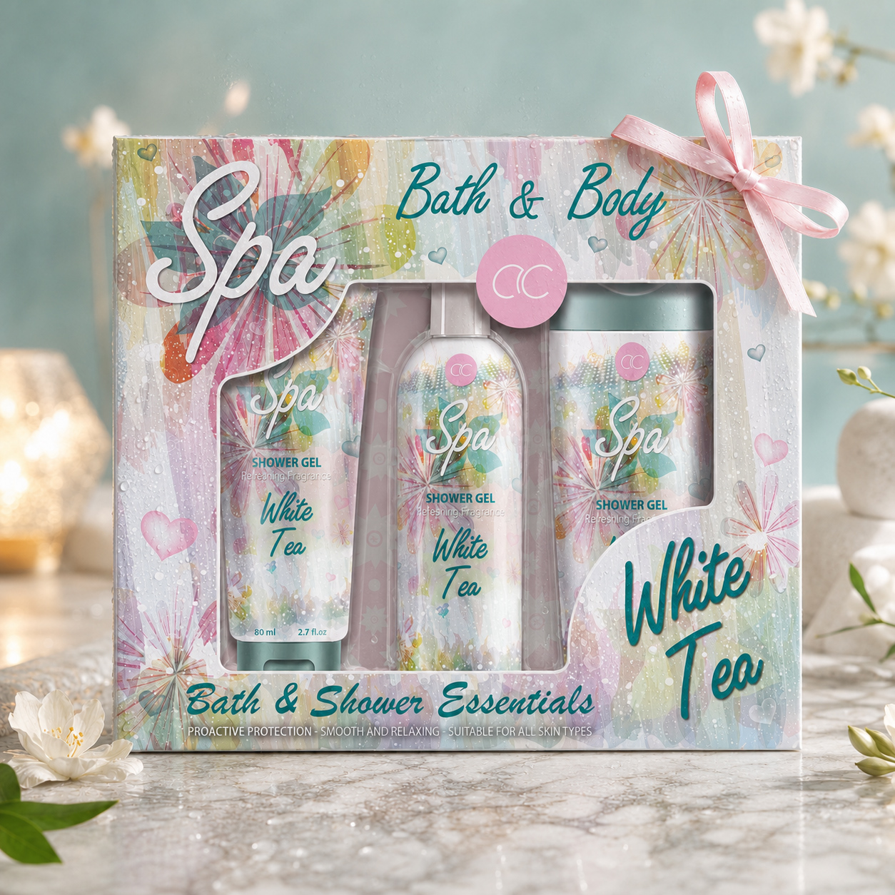 ACCENTRA White Tea Spa bath and body gift box displaying three coordinated products through a large front window.