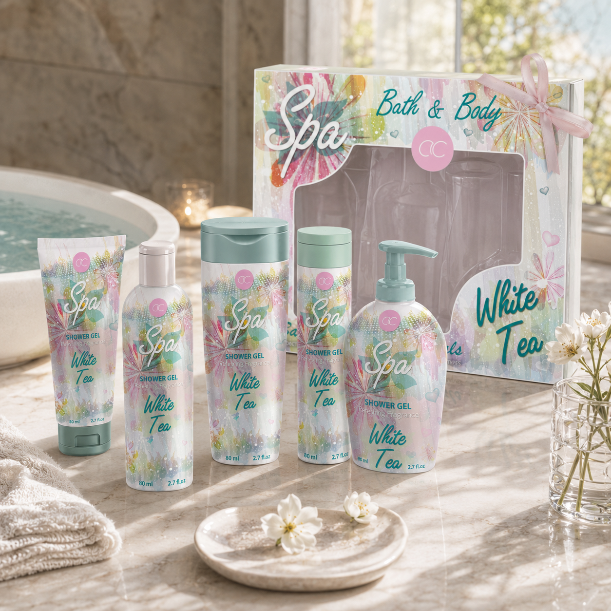 Unboxed ACCENTRA White Tea Spa products arranged beside their empty gift box in a bright bathroom.