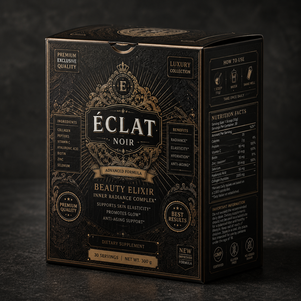 Black luxury-style product packaging with dense gold ornamentation, multiple information panels, decorative badges, and a side panel showing instructions and nutrition facts.