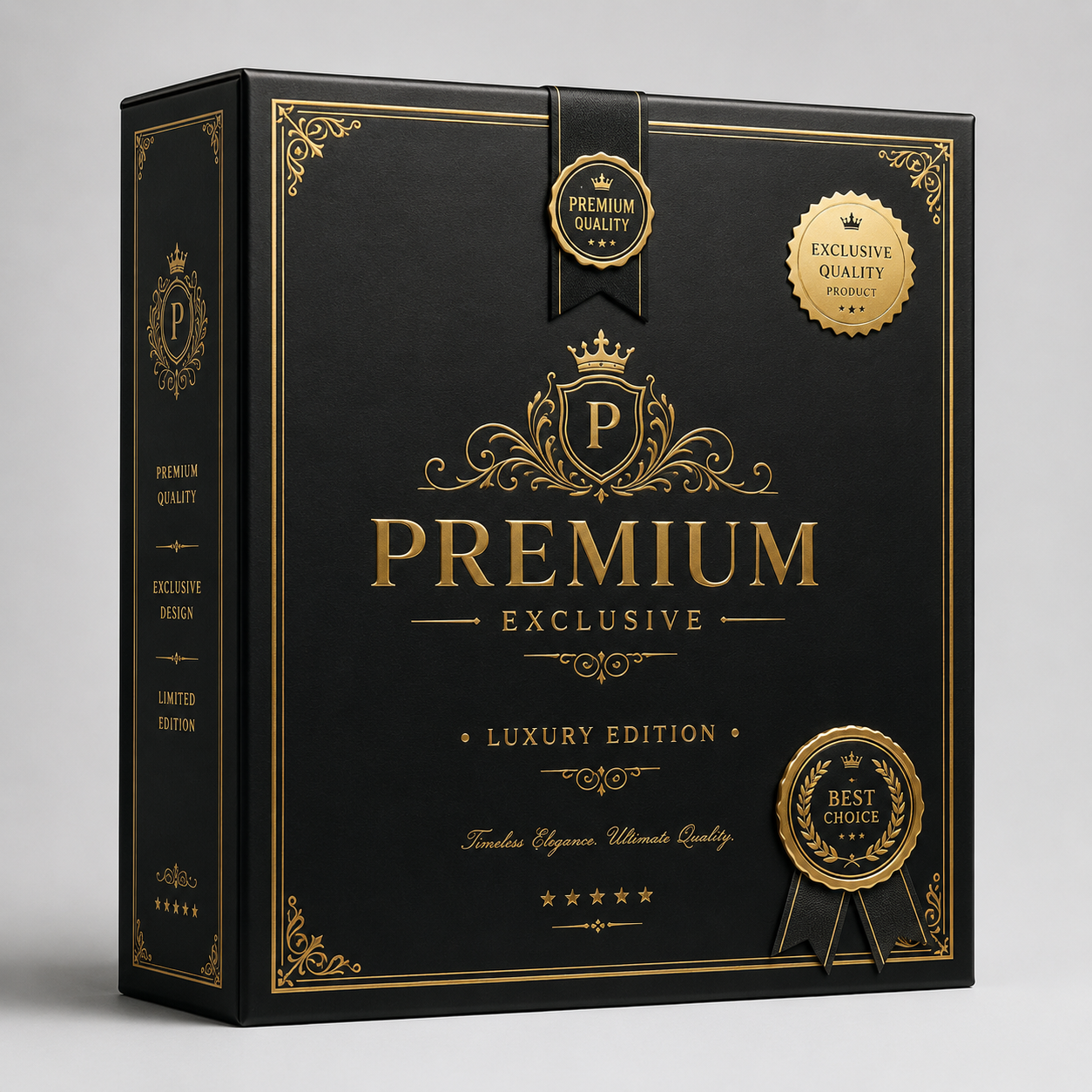 Black and gold concept packaging covered with premium badges, ornamental details, crowns, and generic luxury wording.