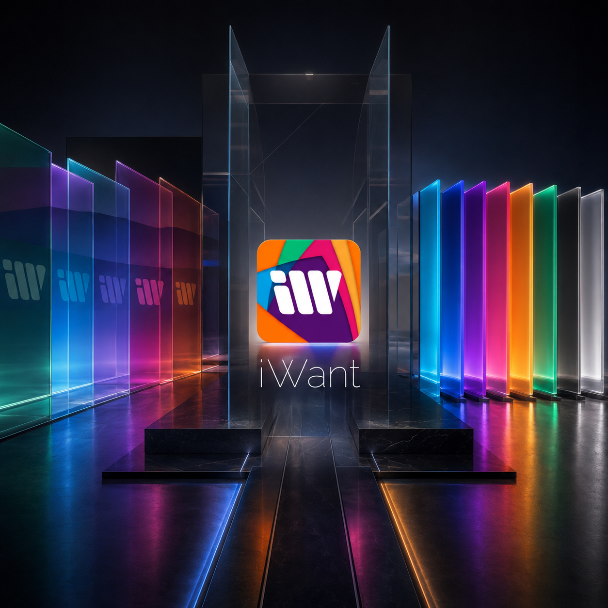 Final iWant app icon centered between illuminated panels representing color exploration, adaptation, and the selected brand palette.