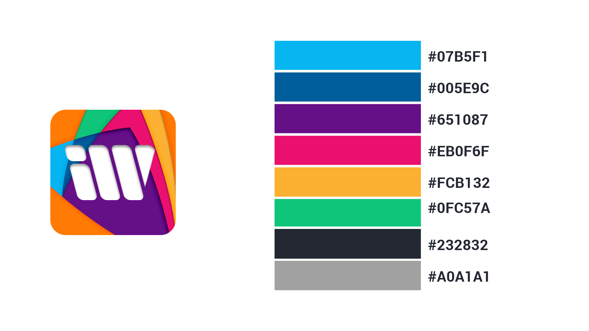 iWant mobile app icon beside its brand color palette of cyan, blue, purple, pink, gold, green, charcoal, and gray.