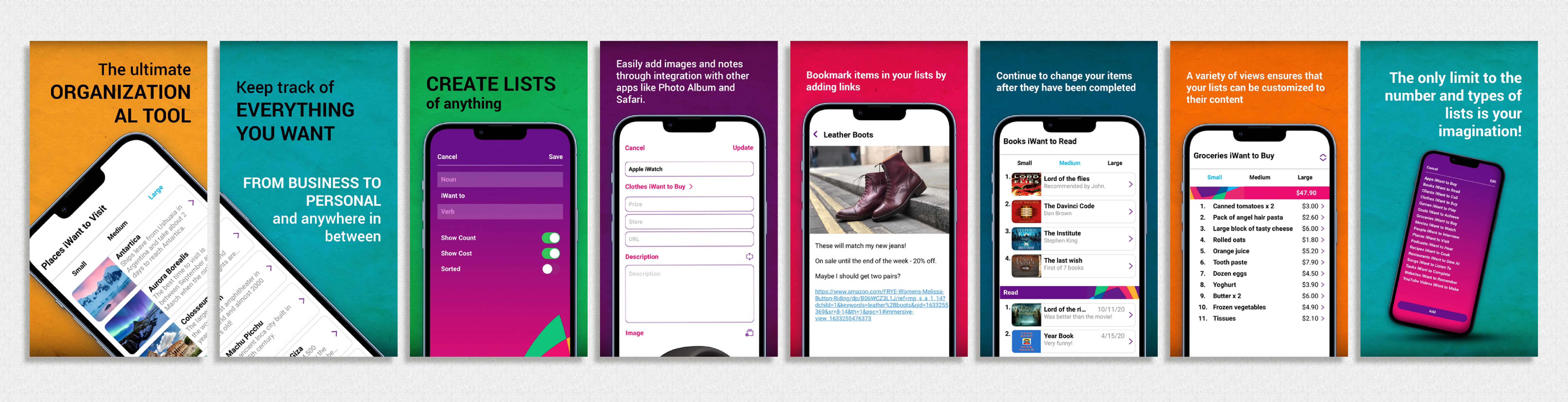 iWant App Store listing graphics presenting list creation, item organization, bookmarks, notes, images, and customizable views.