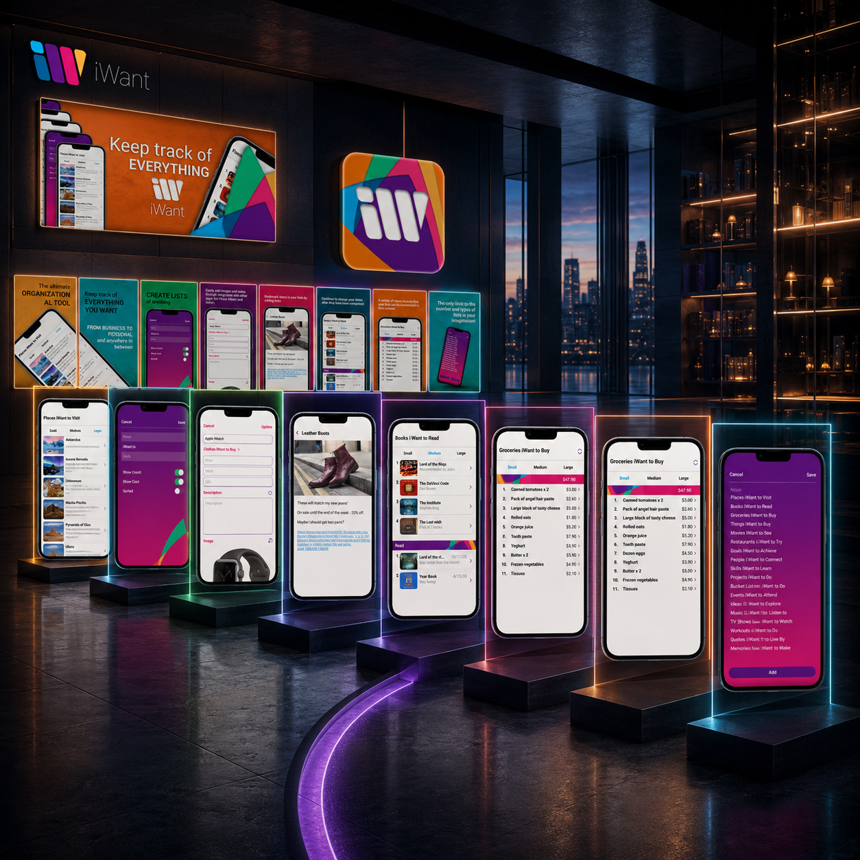 iWant App Store presentation transitioning from the app icon and promotional graphics into a structured sequence of feature screenshots.