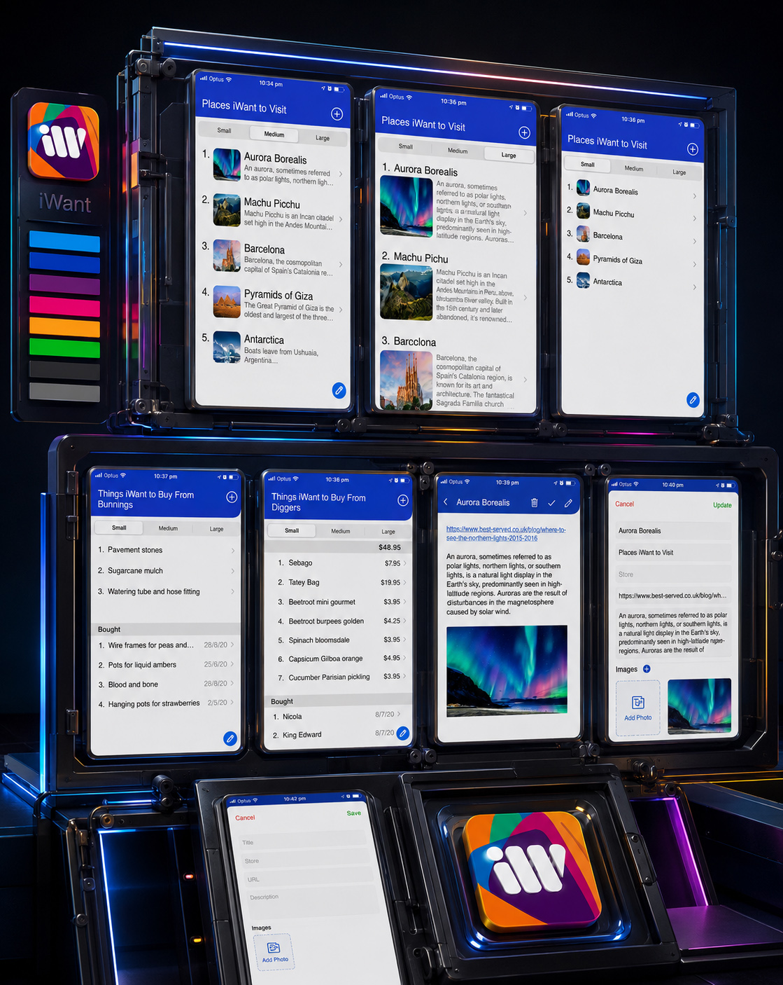 Modular iWant interface system displaying Small, Medium, and Large list views, shopping content, completed items, item details, editing forms, brand colors, and app identity.