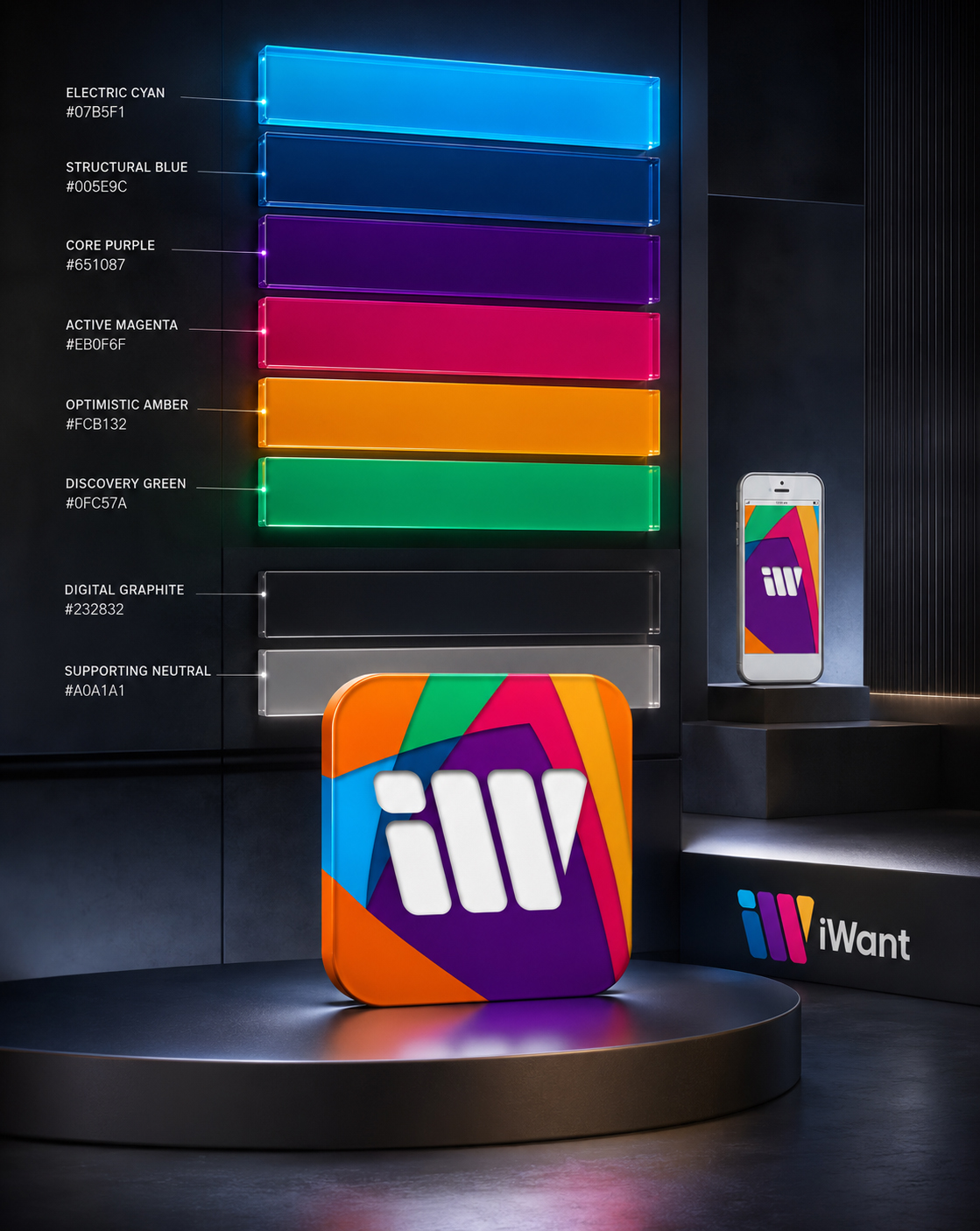 iWant brand color system with eight labeled color swatches, HEX values, the multicolor application icon, wordmark, and mobile app presentation.