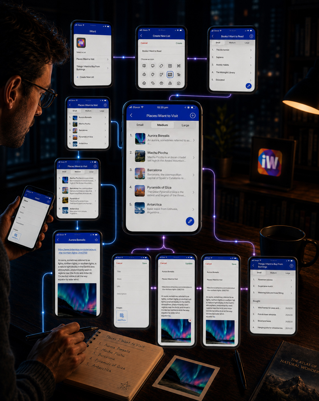 iWant mobile app workflow connecting list selection, custom-list creation, adaptable content views, item details, editing, saving, and completed-item tracking.
