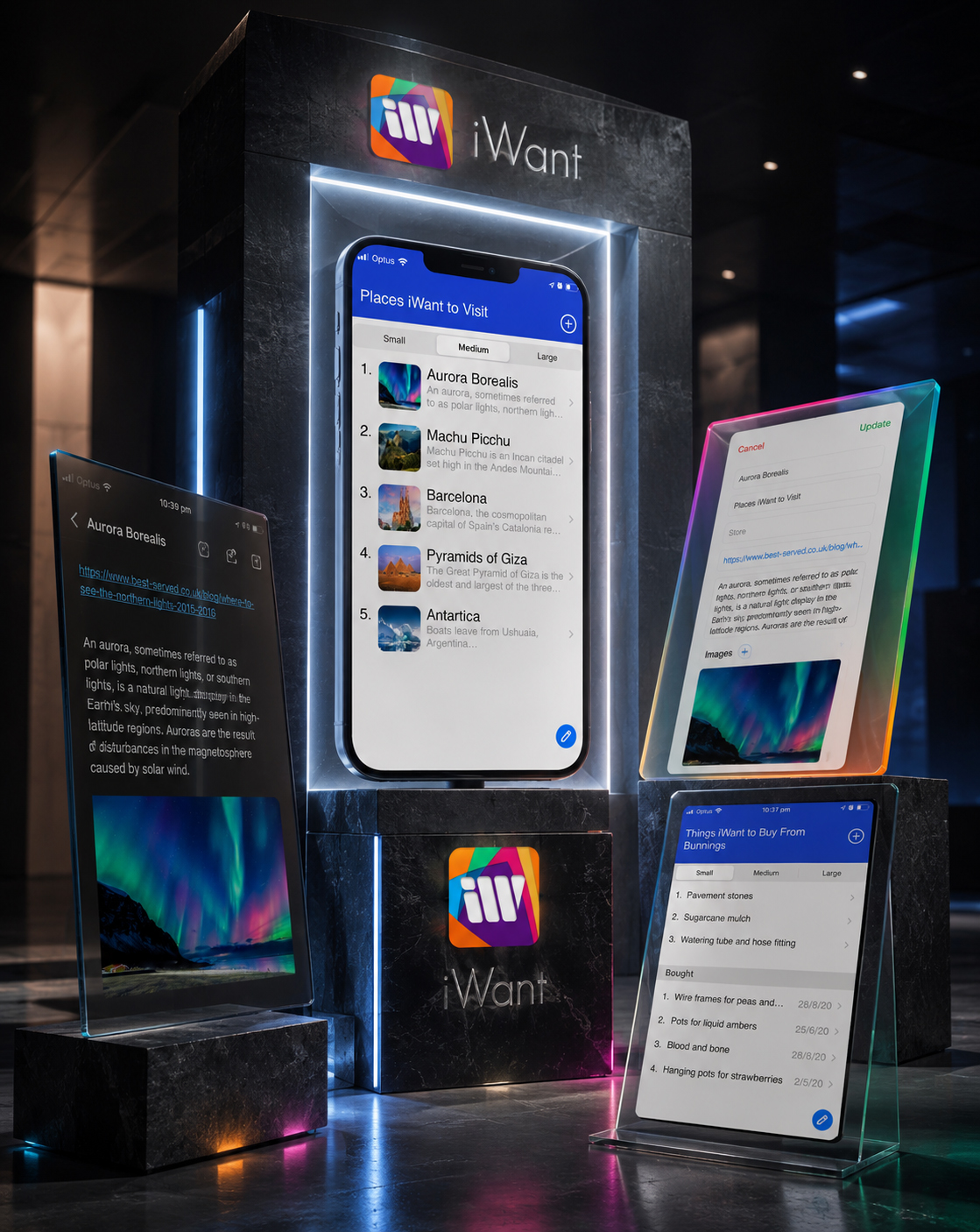 iWant digital product installation featuring the app identity, central travel-list interface, saved destination details, editing workflow, shopping list, and completed-item tracking.