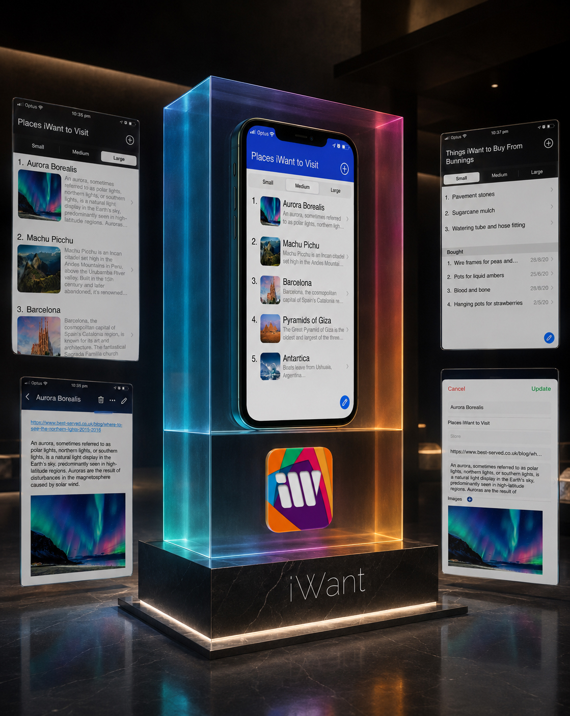 Complete iWant digital product presented with its app icon, central mobile interface, adaptable travel lists, item details, editing workflow, and completed purchases.