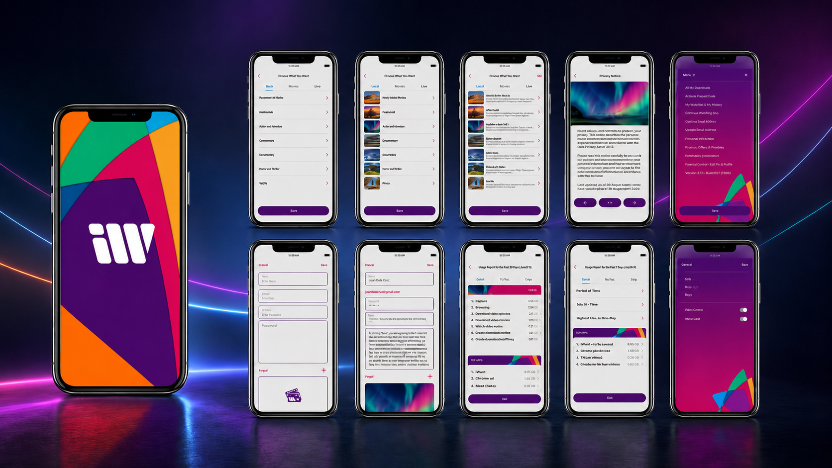 Complete iWant mobile app UI design system displayed across eleven smartphone screens, including lists, item details, forms, menus, and settings.