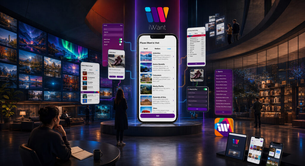 iWant mobile app presented as a connected digital ecosystem with interactive lists, lifestyle content, multiple devices, and user-centered interfaces.