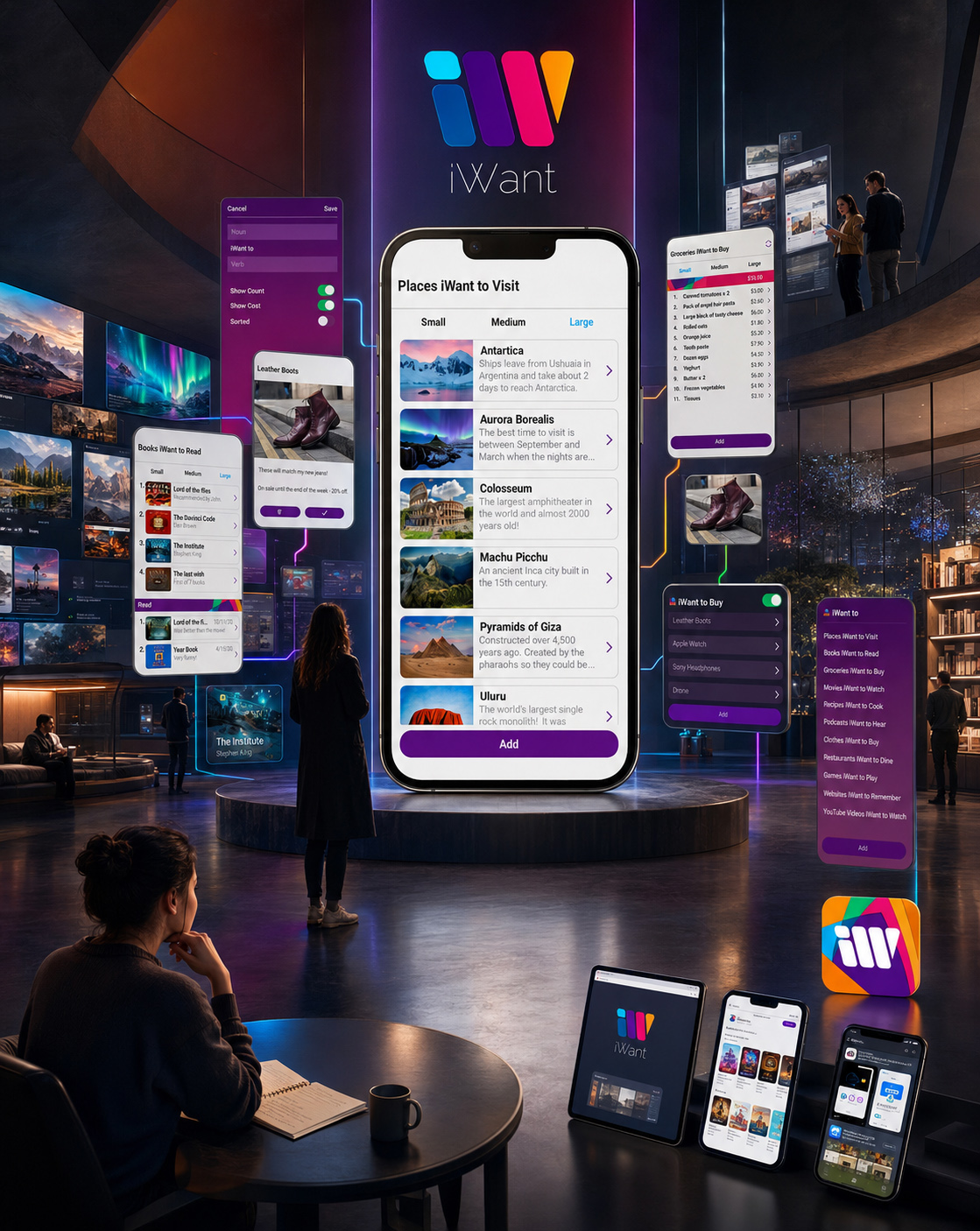 Monumental iWant mobile app surrounded by connected travel, books, products, lists, and multi-device digital interfaces.