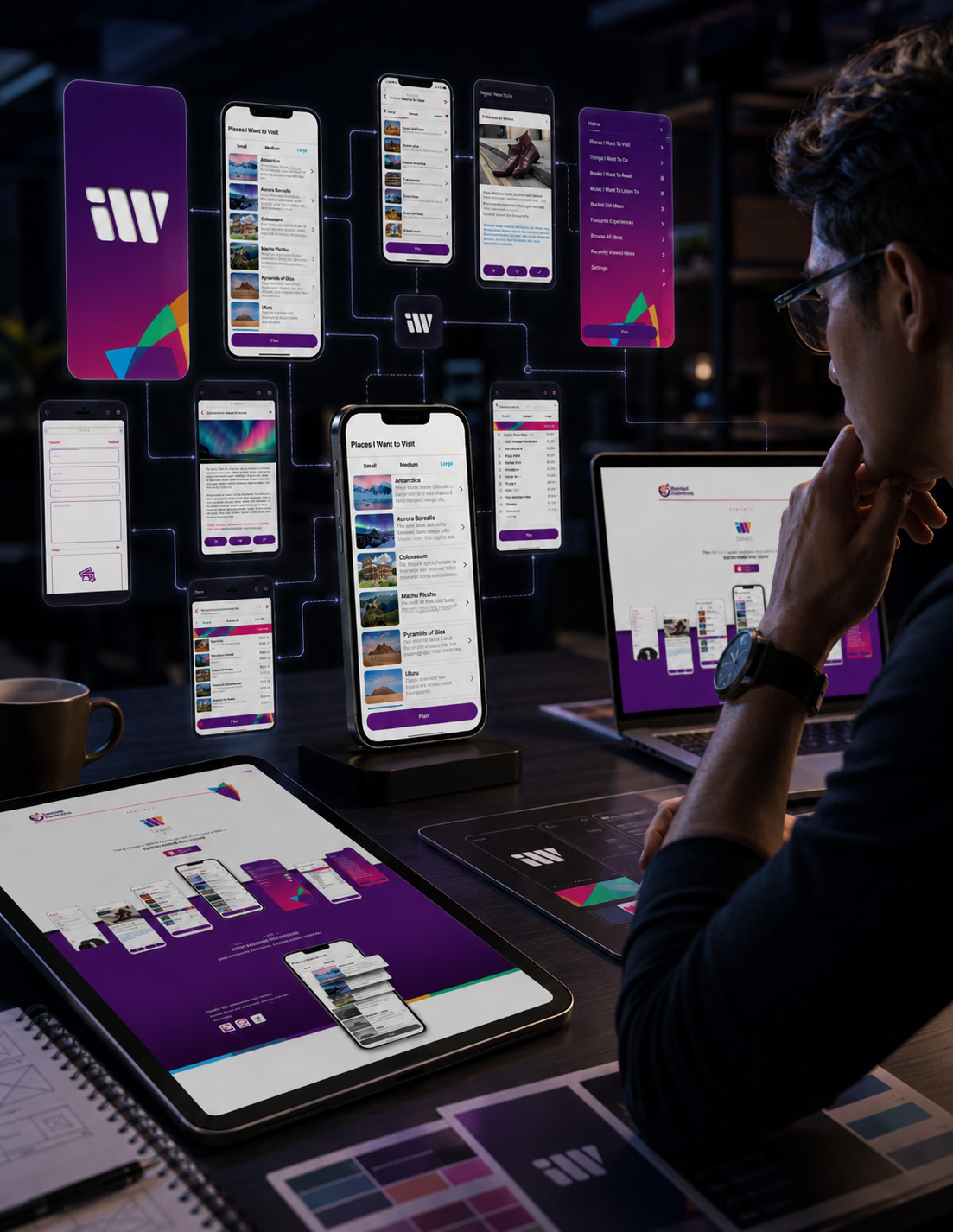 iWant mobile app interfaces connected across smartphone, tablet, laptop, and website within a cross-platform design system.