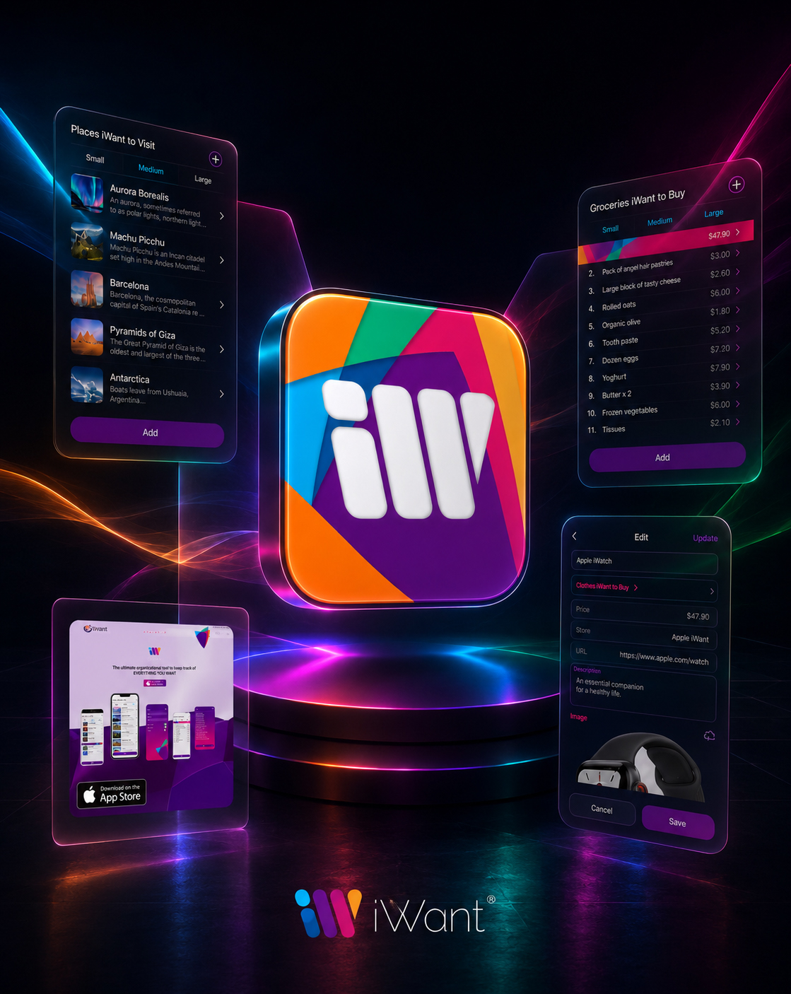 iWant application icon surrounded by mobile interfaces for travel lists, groceries, item editing, and a promotional App Store website presentation.