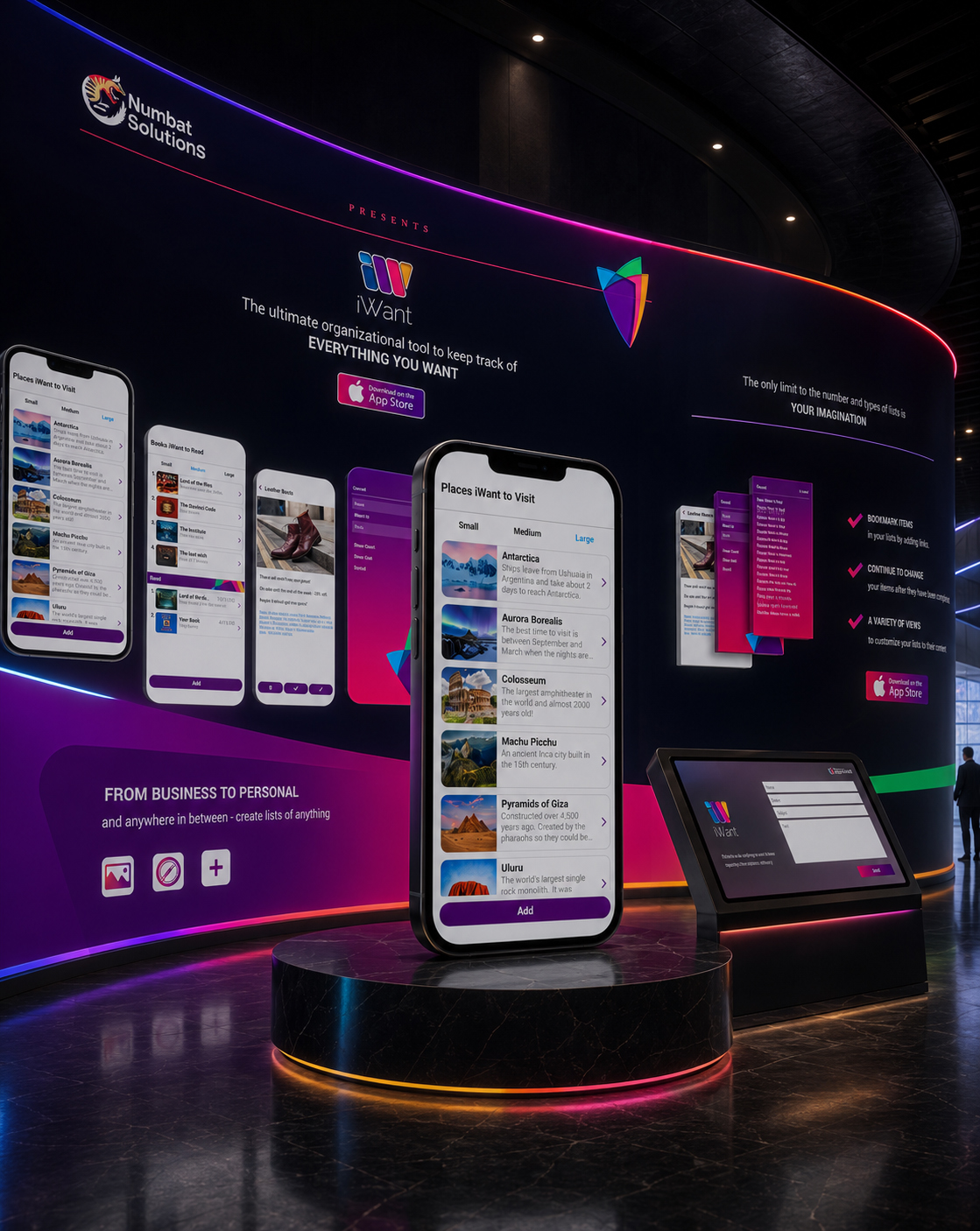iWant mobile app presented within an immersive Numbat Solutions website environment featuring product screens, customizable lists, benefits, App Store links, and contact content.