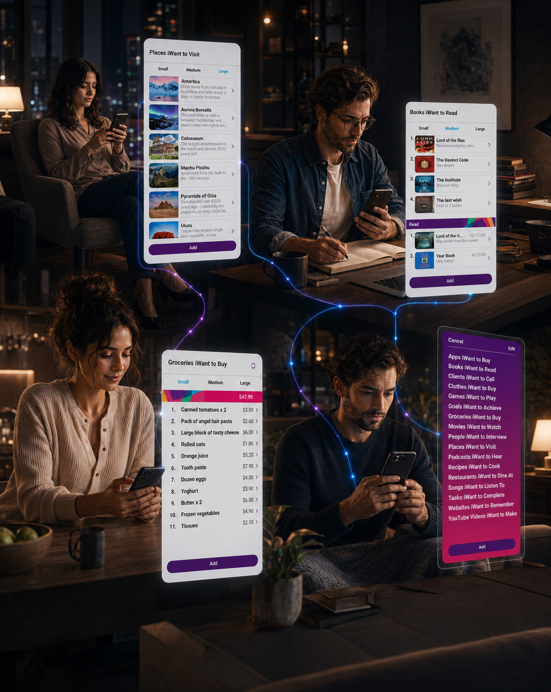 People using the iWant mobile app in a modern loft, connected with interfaces for travel plans, reading lists, groceries, and personal categories.