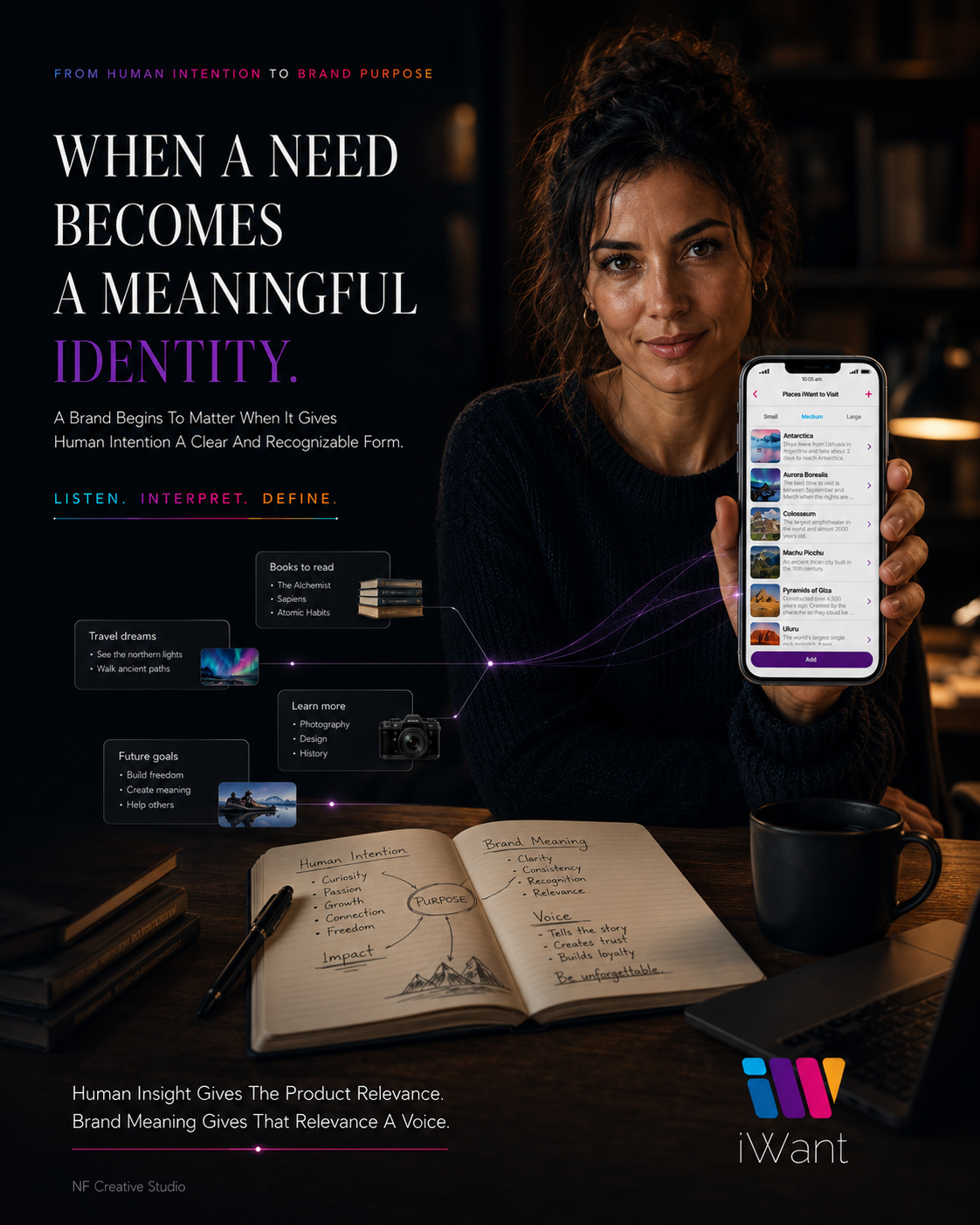 iWant human-centered brand strategy visual connecting personal intentions, user needs, product purpose, and the final mobile app identity.