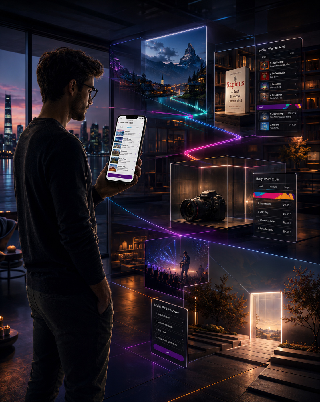 Man using the iWant mobile app as travel, books, products, and personal goals connect within an immersive digital ecosystem.