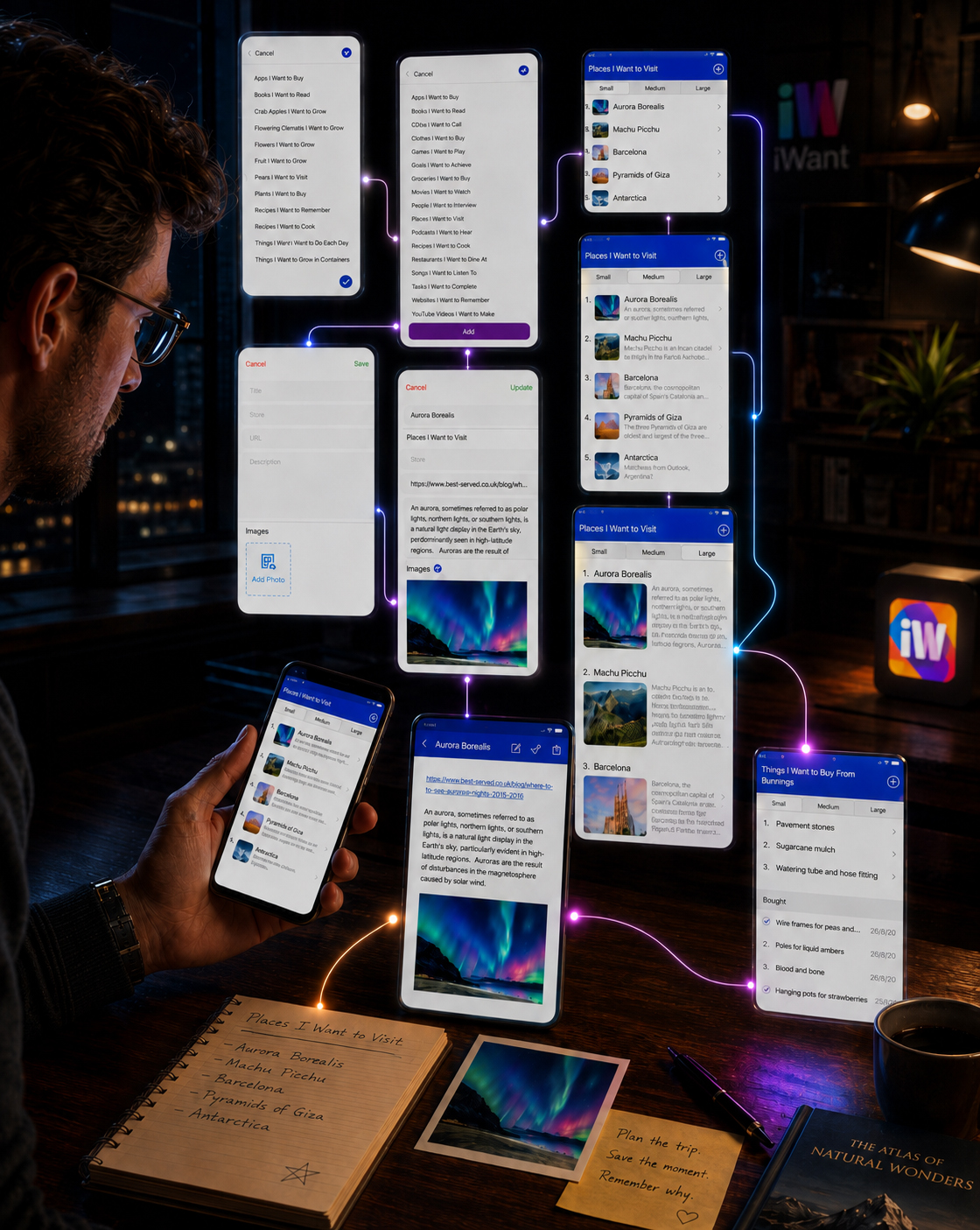 iWant user journey connecting handwritten travel intentions with list creation, adaptable content views, saved-item details, editing, and future planning.