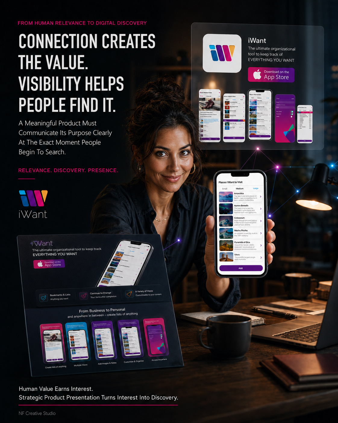 iWant user presenting the mobile app alongside App Store graphics, promotional screens, website content, product benefits, and download messaging.
