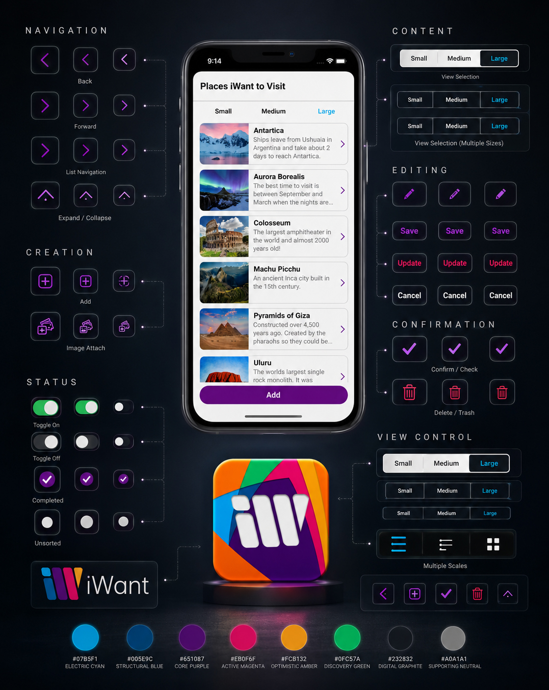 iWant mobile UI design system presenting navigation icons, creation tools, status controls, editing actions, confirmation symbols, view selectors, app branding, and the complete color palette.