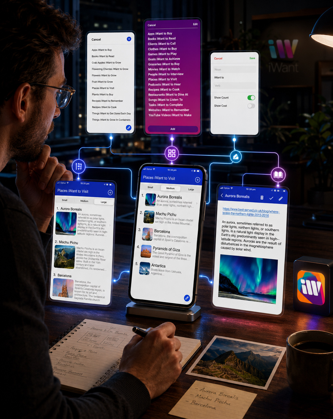 Product designer reviewing connected iWant mobile app screens for list selection, custom list creation, content views, and saved-item details.