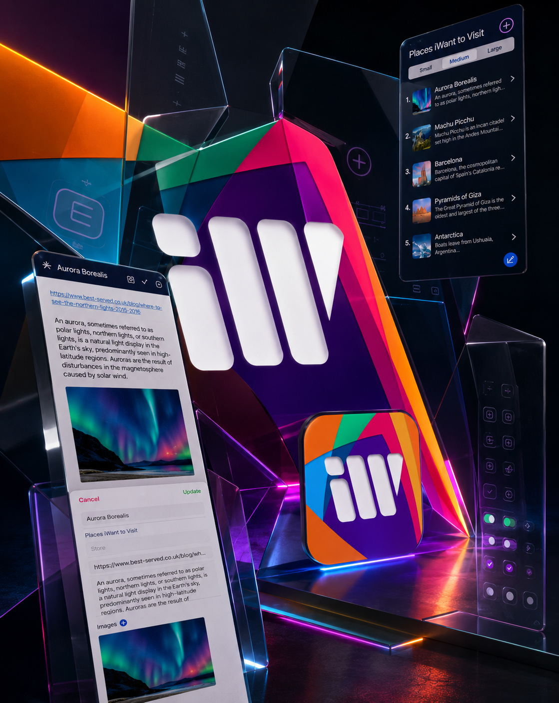 Monumental iWant logo and app icon surrounded by colorful geometric forms, mobile interfaces, navigation controls, icons, and interactive UI states.