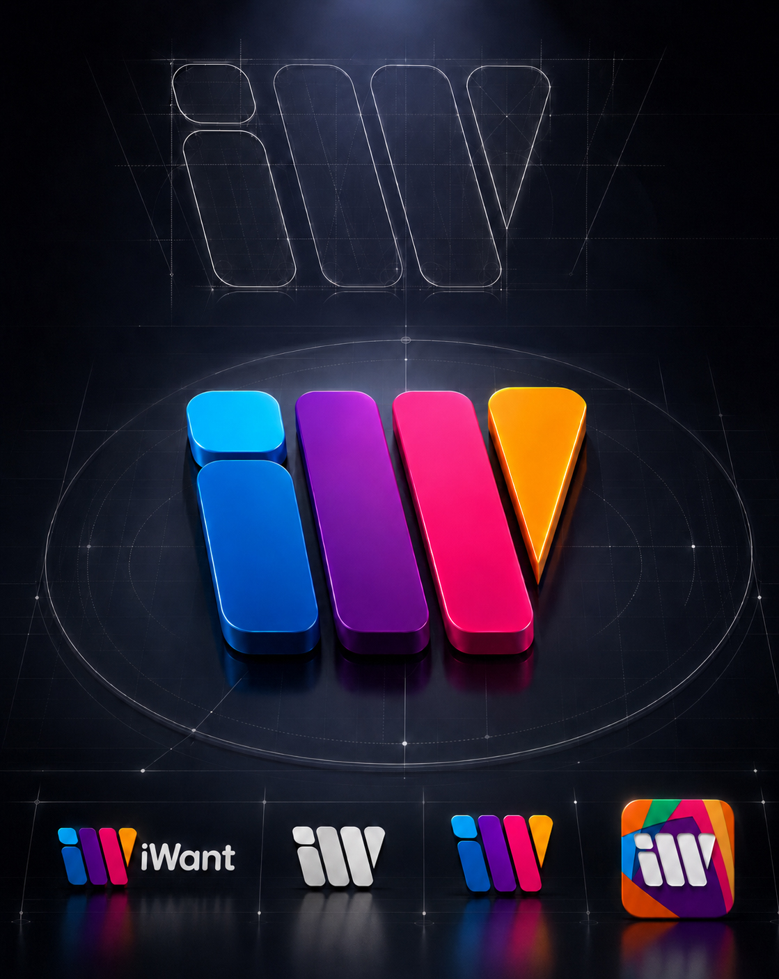 iWant logo construction blueprint showing geometric proportions, the final multicolor symbol, horizontal wordmark, monochrome version, standalone mark, and mobile app icon.