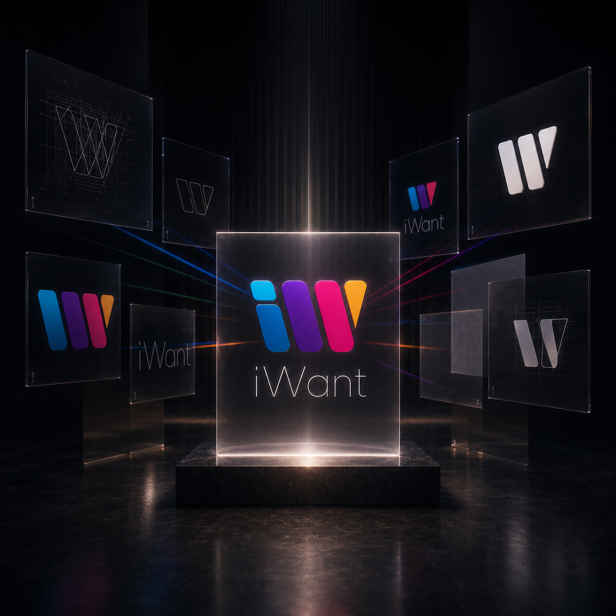 Final iWant logo illuminated at the center of surrounding sketches, construction grids, symbols, and identity variations.