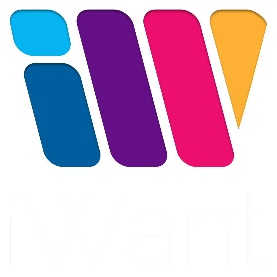 iWant logo featuring a multicolored iW symbol and a minimalist dark wordmark on a white background.