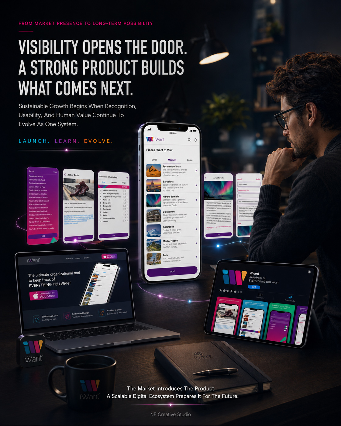 iWant digital-product ecosystem connecting mobile interfaces, website communication, App Store presentation, brand recognition, and long-term product development.