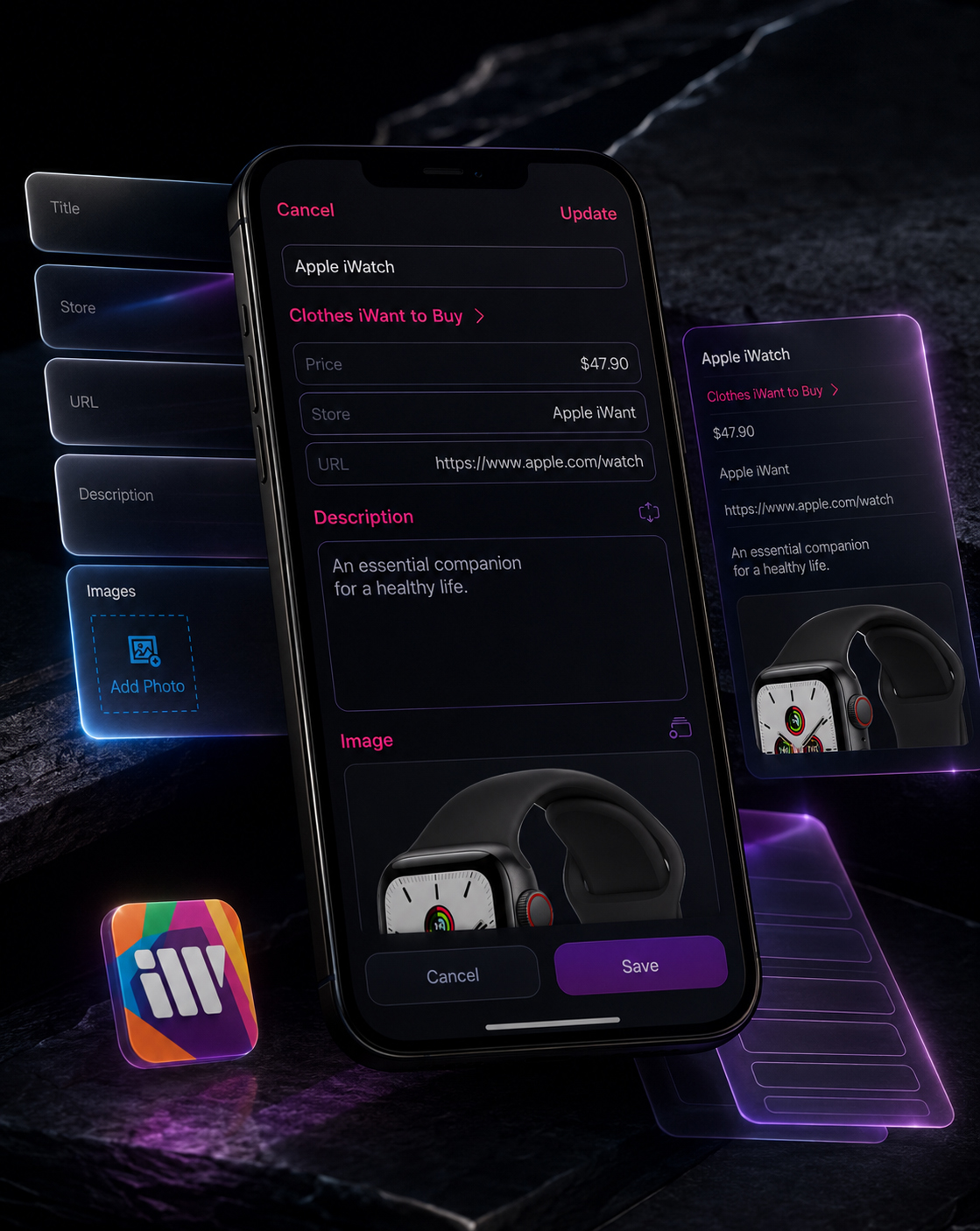 iWant mobile app interface showing a saved Apple iWatch intention assembled from title, list category, price, store, URL, description, and product image.