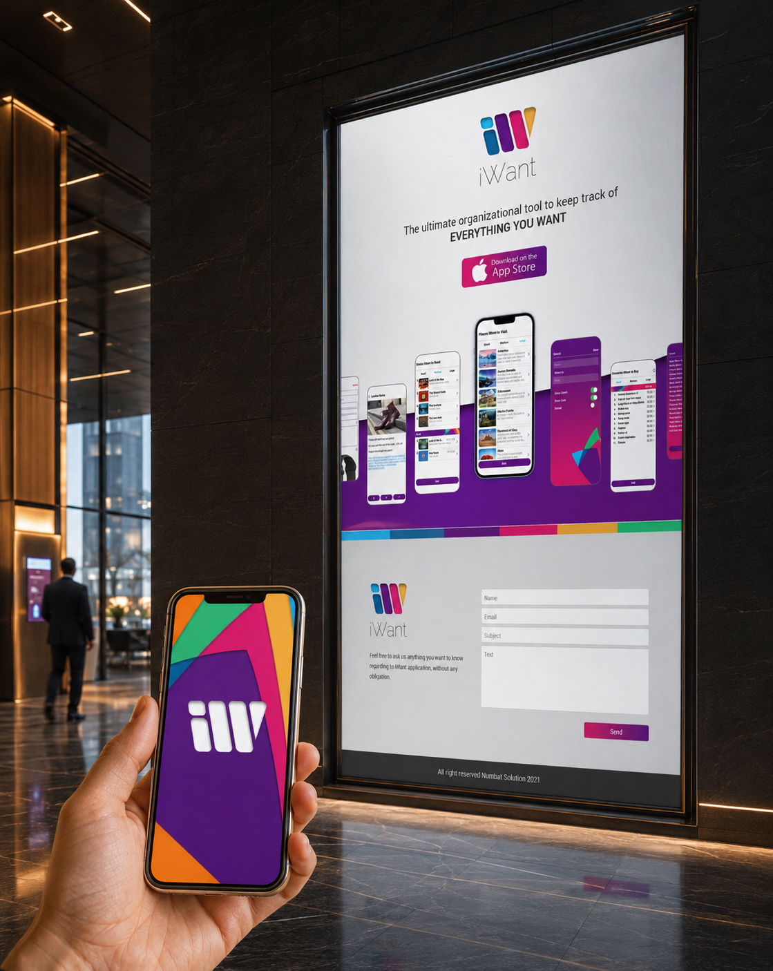 User holding the branded iWant mobile app beside a responsive product website featuring application screens, App Store messaging, and contact form.