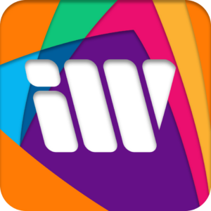 Colorful iWant mobile app icon featuring the white iW monogram over layered geometric shapes.