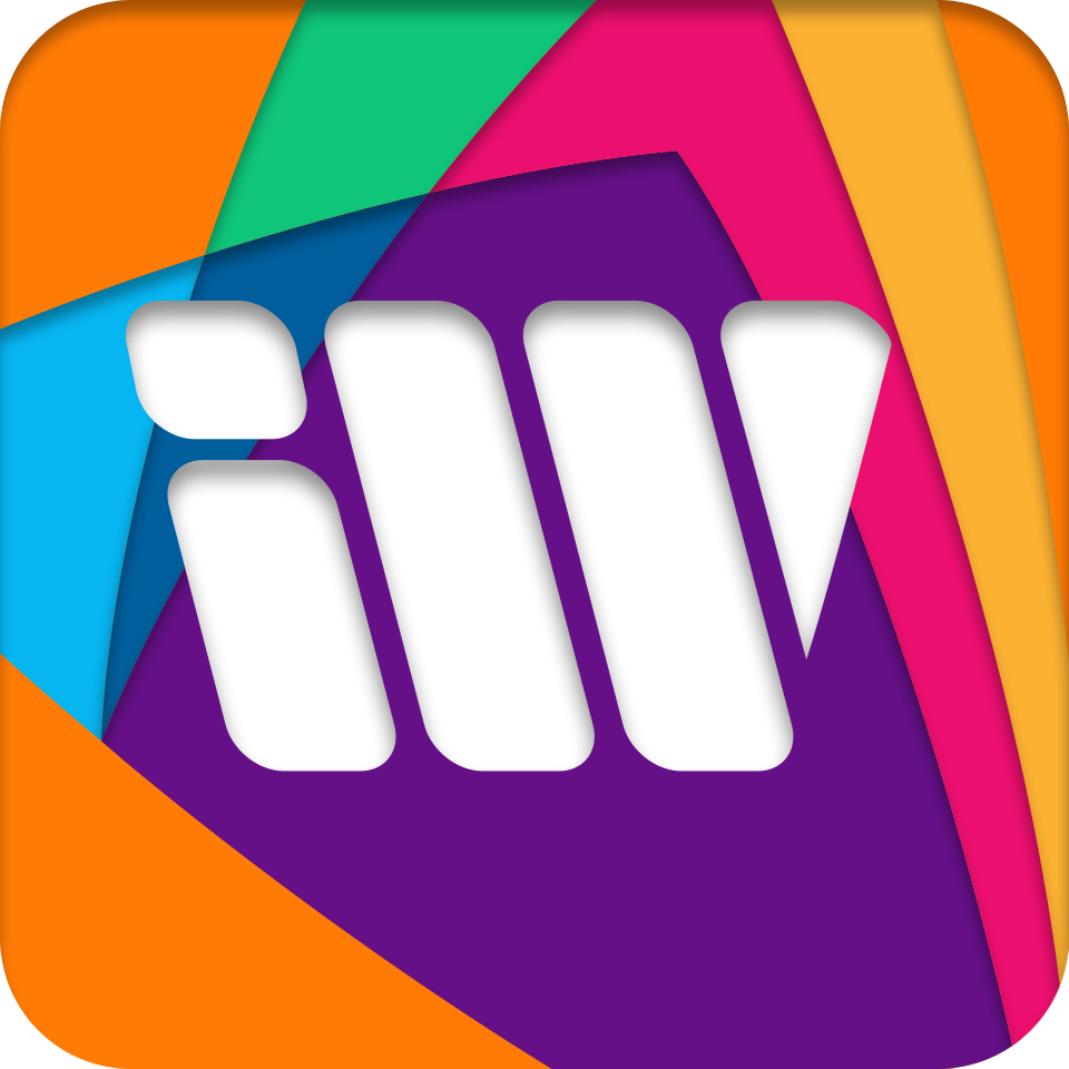 Colorful iWant mobile app icon featuring the white iW monogram over layered geometric shapes.