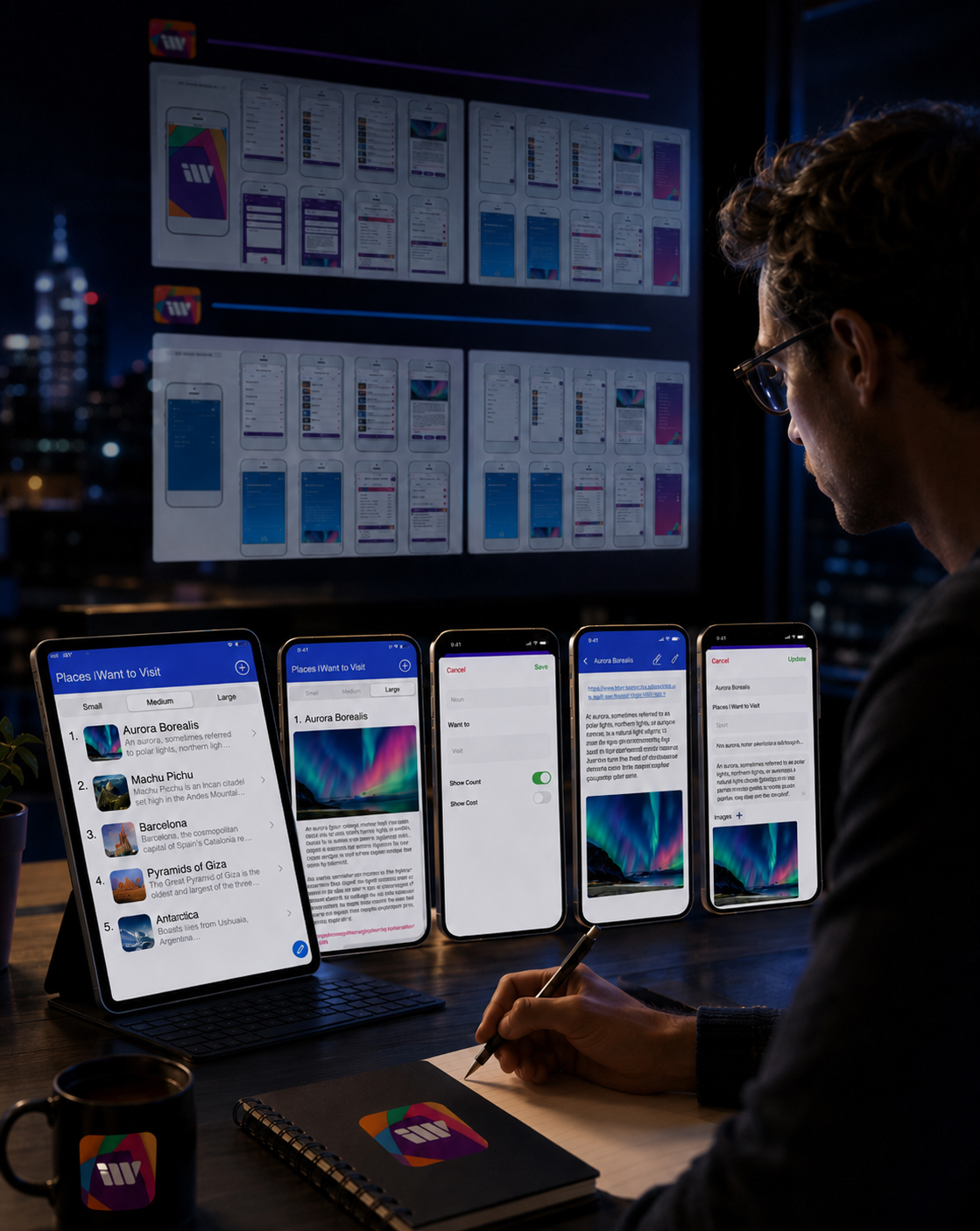 Product designer refining the iWant mobile app through real travel content, interface variations, creation forms, item details, and editing workflows.