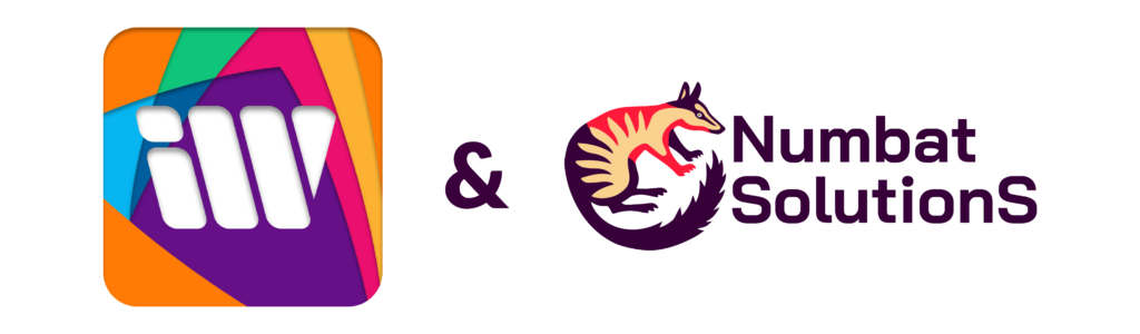 Colorful iWant mobile app icon displayed beside the Numbat Solutions logo and connected by an ampersand.