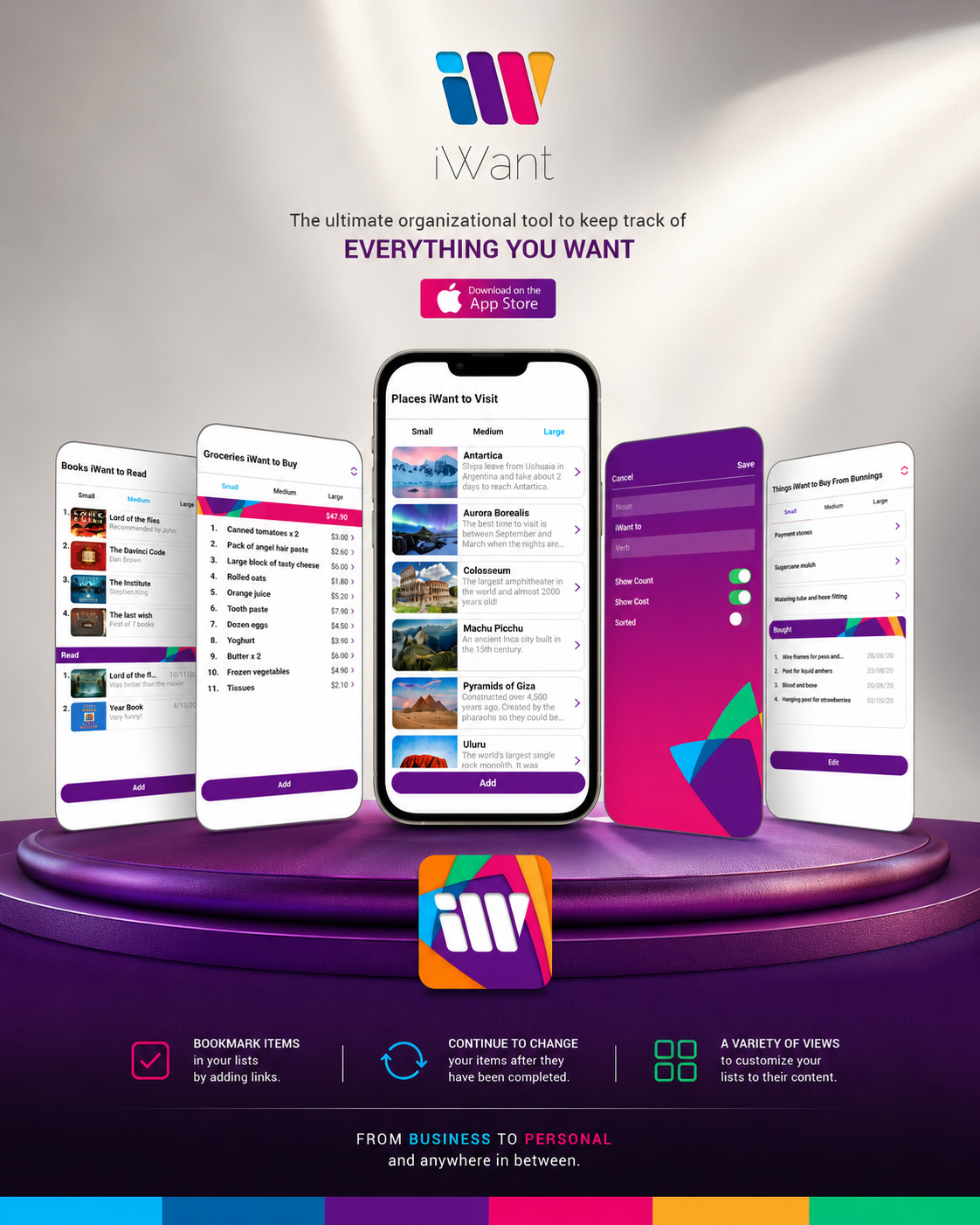 iWant mobile app promotional poster featuring travel, book, grocery, settings, and completed-item list screens with key organizational features.
