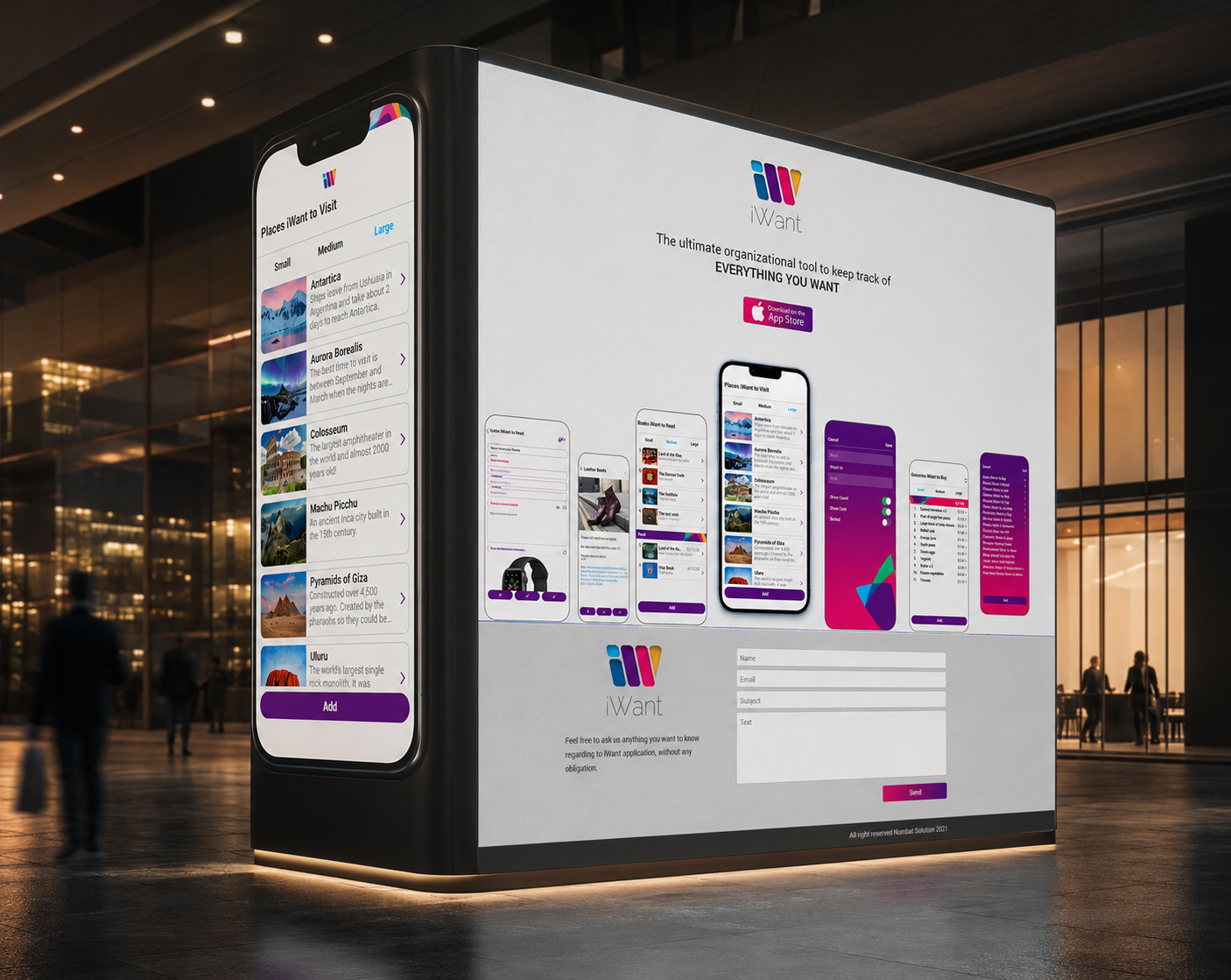 Architectural iWant digital-product showcase combining a large mobile travel-list interface with the responsive website, application screens, App Store CTA, and contact form.
