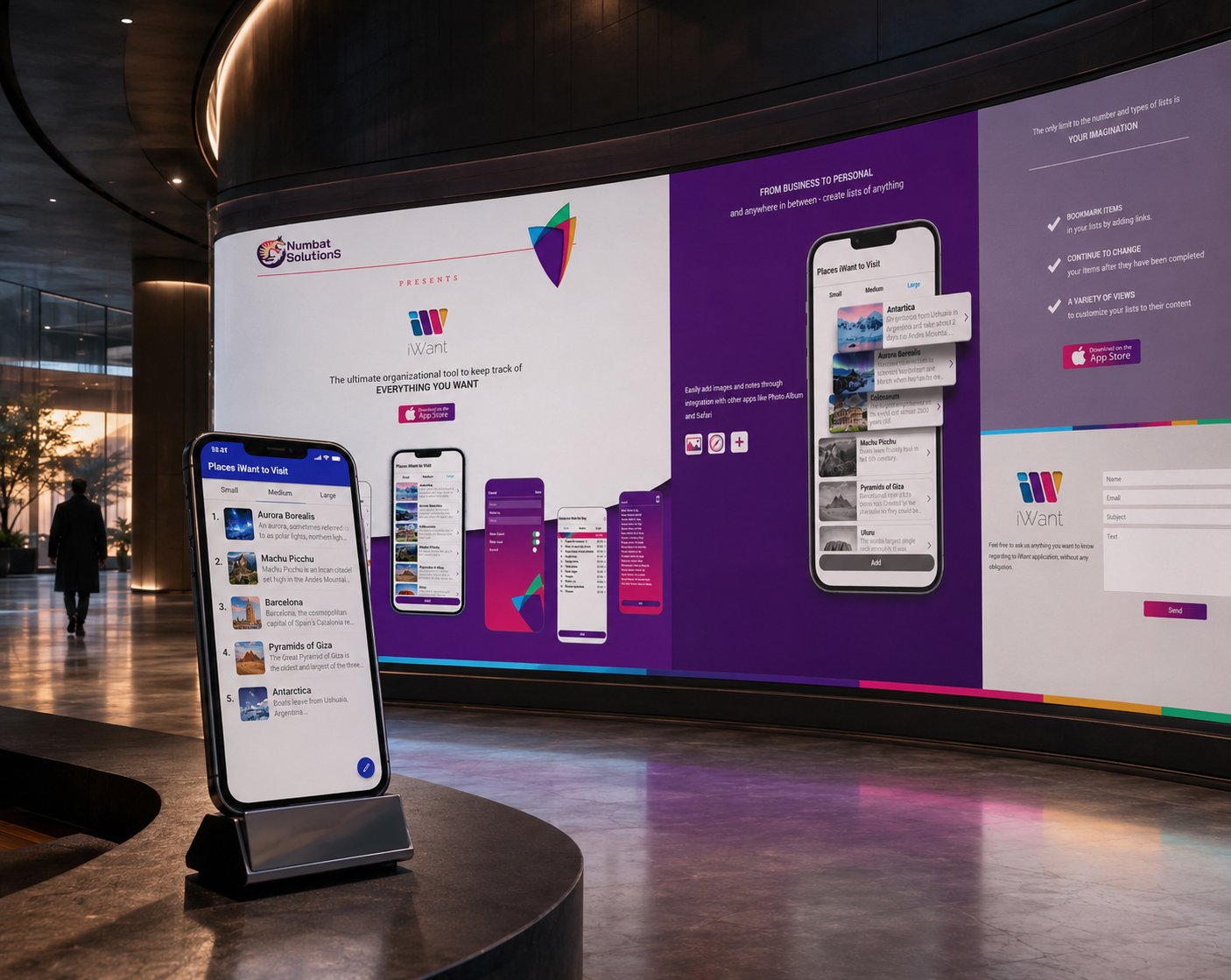 iWant mobile application connected with a large Numbat Solutions website displaying product screens, features, benefits, App Store links, and contact form.