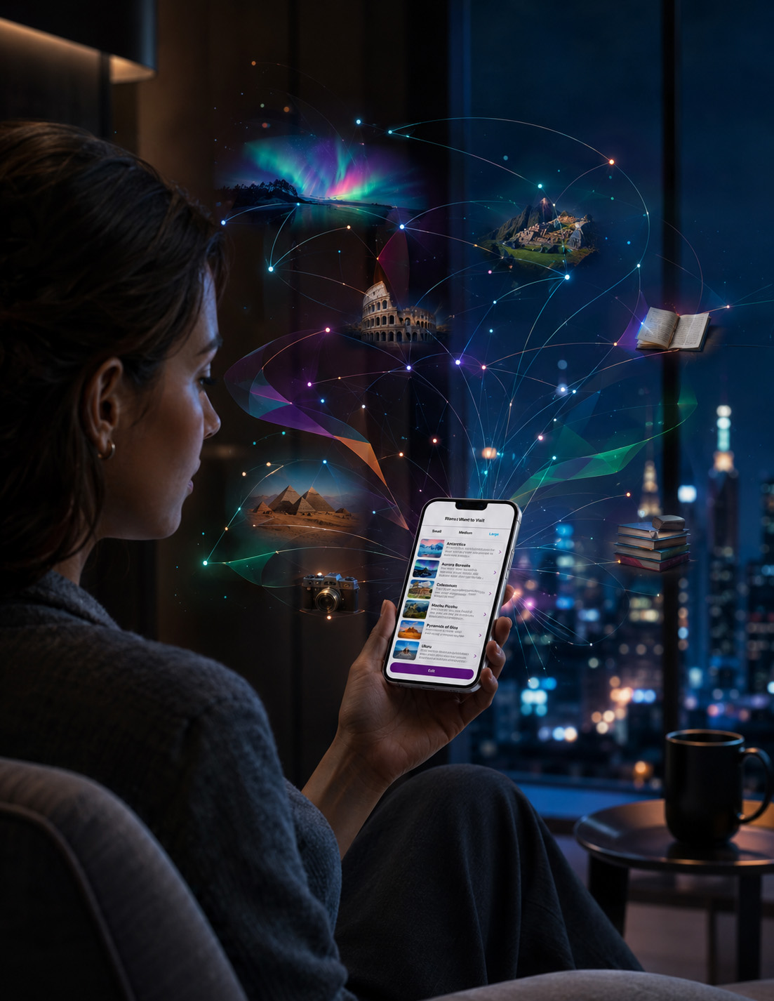 Woman using the iWant mobile app as connected travel intentions and destinations emerge around her smartphone.