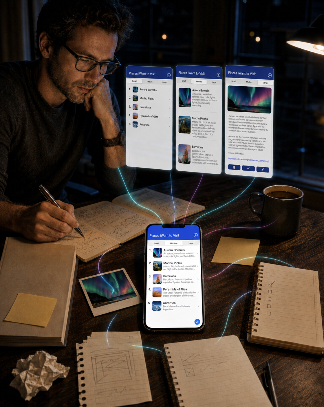 Designer developing the iWant mobile app through sketches and connected prototypes for compact, medium, large, and detailed travel-list views.