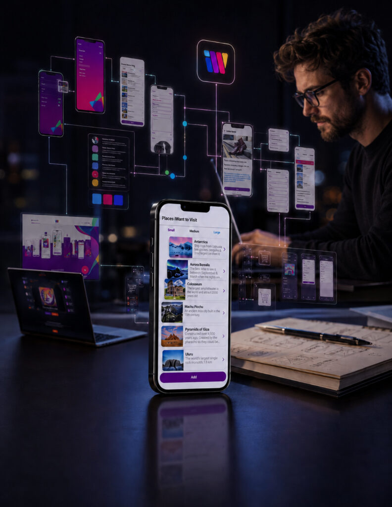 Product designer working beside the iWant mobile app and a connected system of UX/UI screens and user flows.