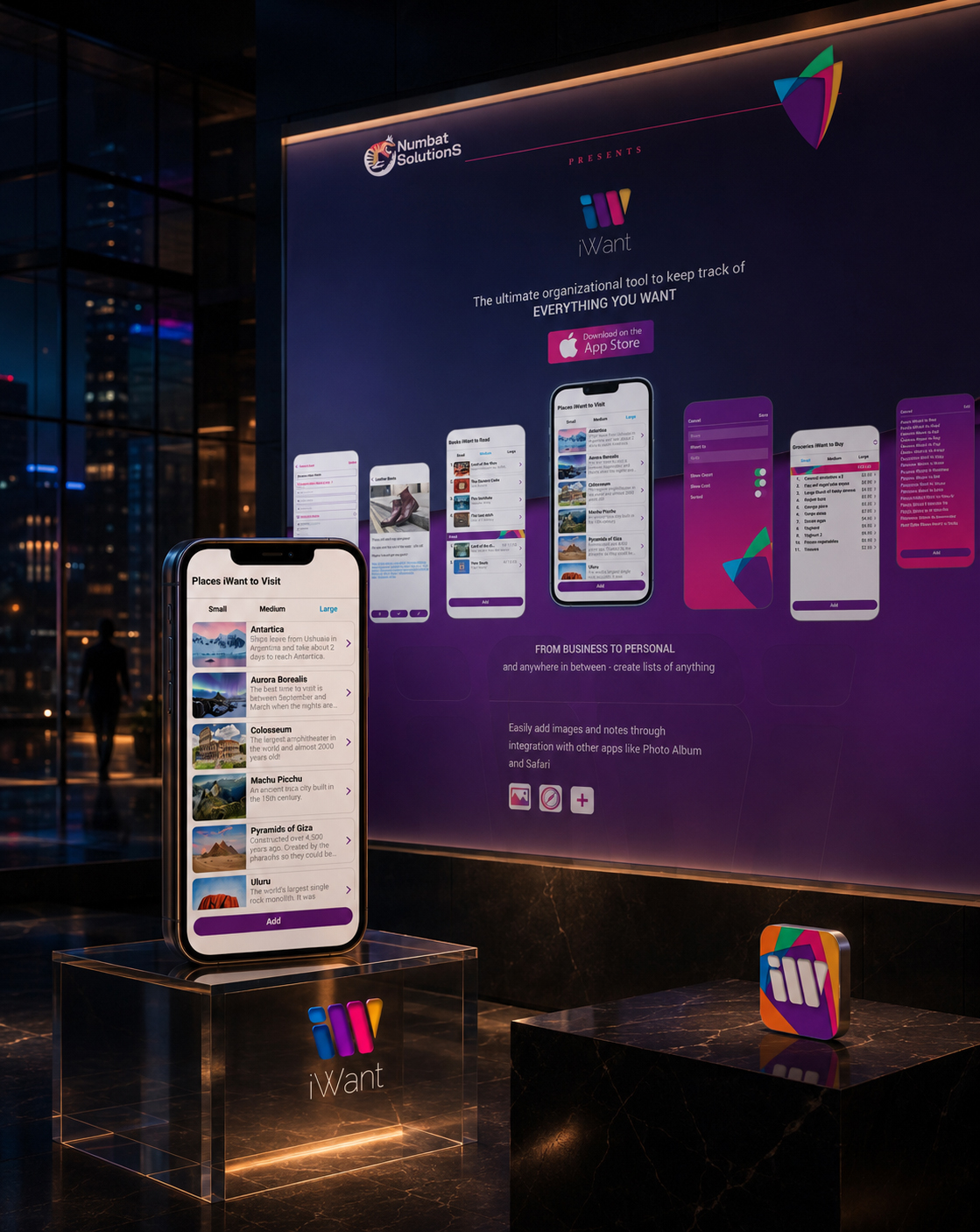 iWant mobile app presented through a branded website display, large travel-list interface, application icon, supporting screens, and Numbat Solutions identity.