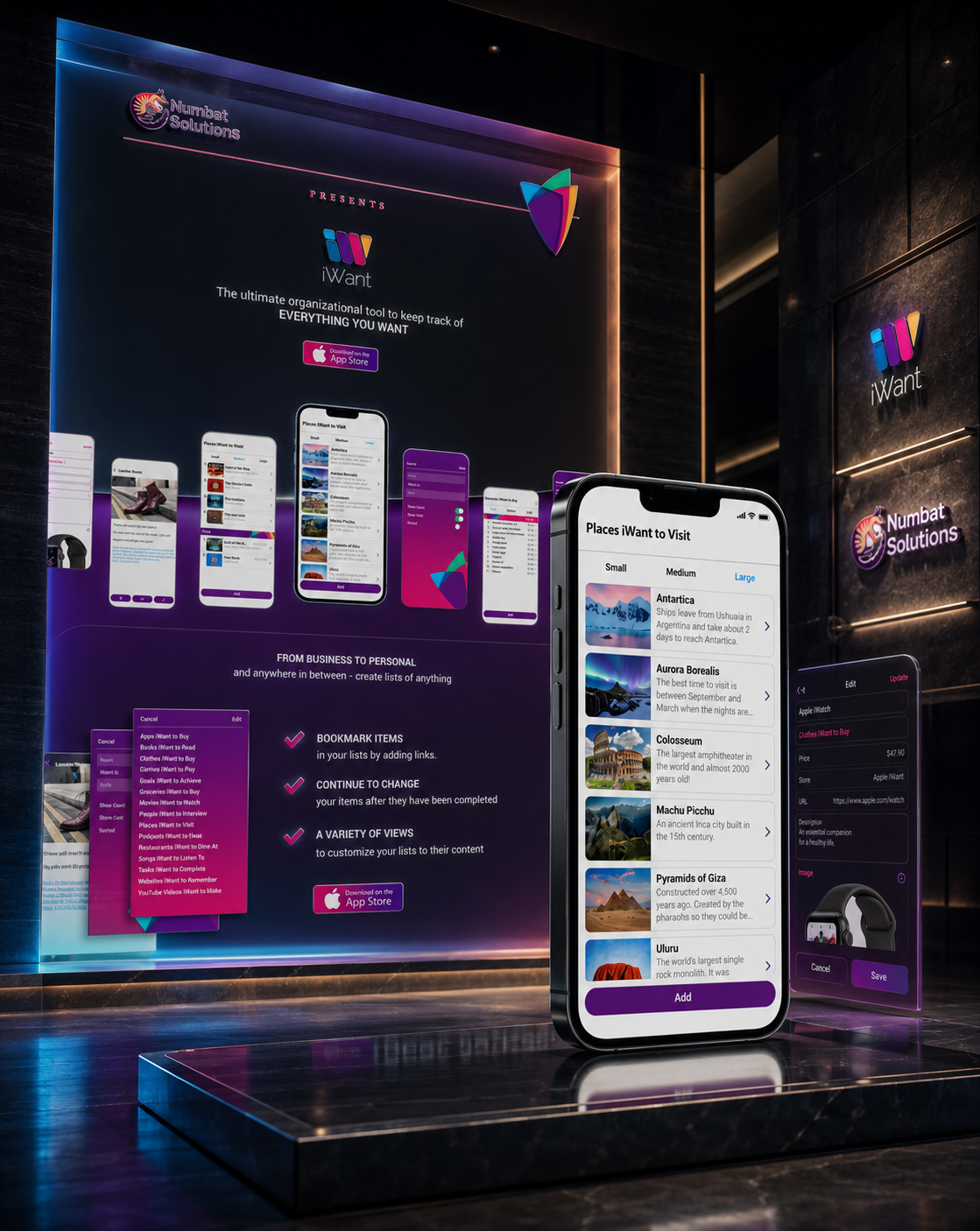 iWant mobile application displayed in front of the Numbat Solutions product website with app features, list categories, editing tools, and App Store messaging.