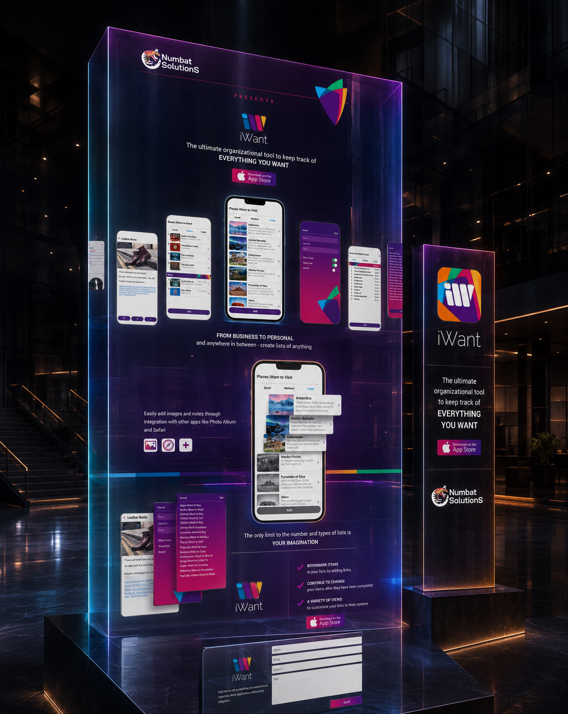 Numbat Solutions website and iWant mobile app presented together through product screens, features, App Store messaging, brand identity, and contact content.